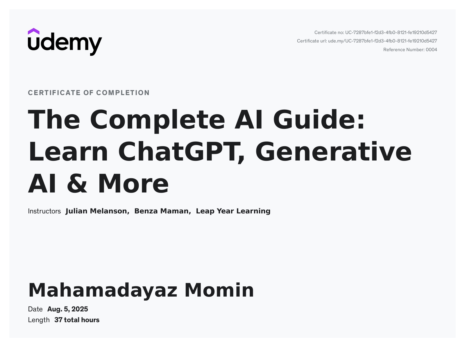 AI & ChatGPT Course Certificate